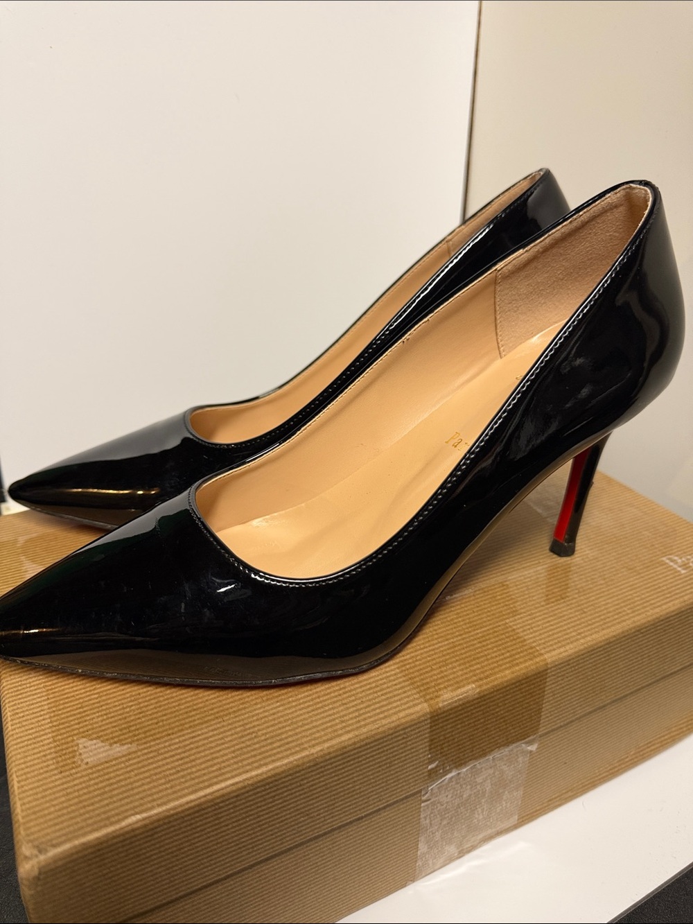 Christian Louboutin Black Patent Pointed-Toe Pumps with Red Sole